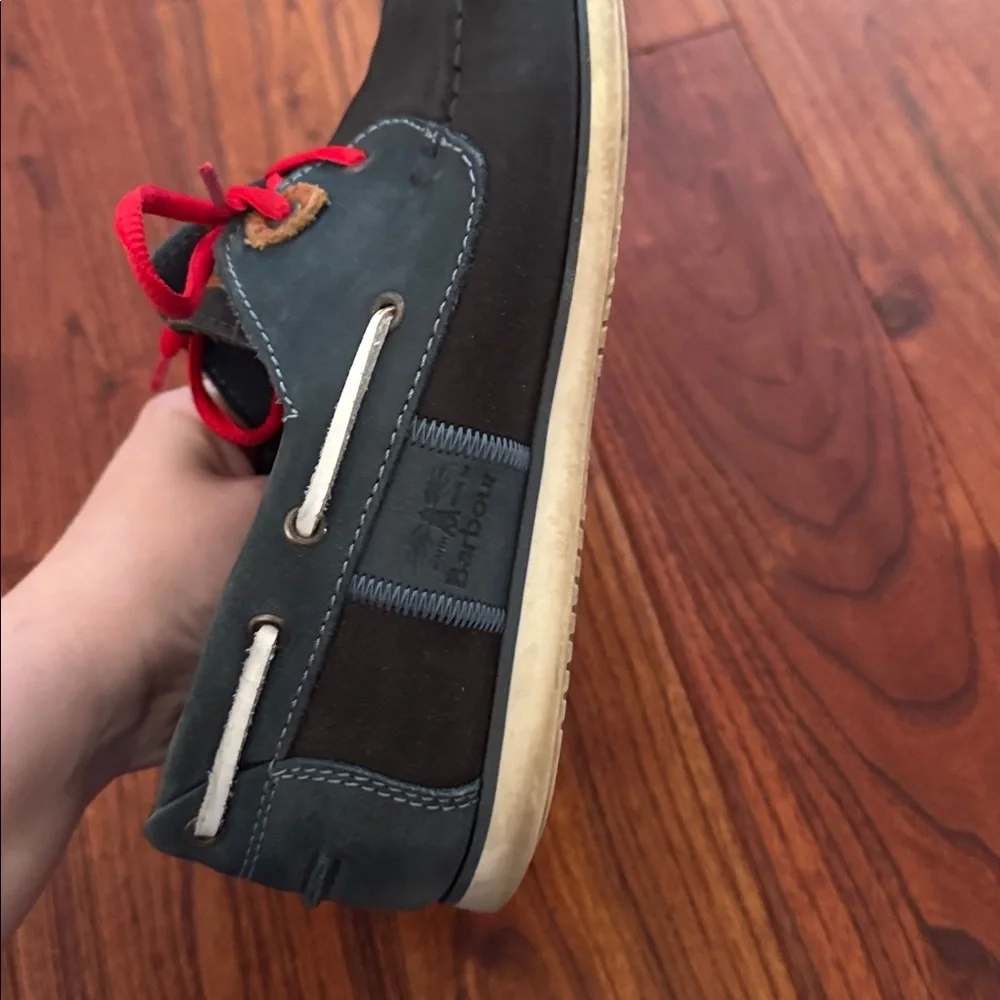 Barbour Wake leather and suede boat shoes in washed blue with red laces